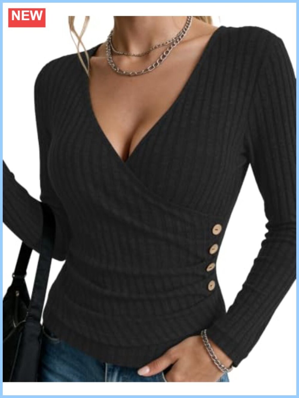 AUSELILY Long Sleeve V-Neck Wrap Sweater Slim Fit Side Button Pullover